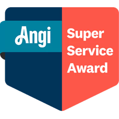 Angi Super Service Award badge with blue and red sections, white text, and a shield-like design.