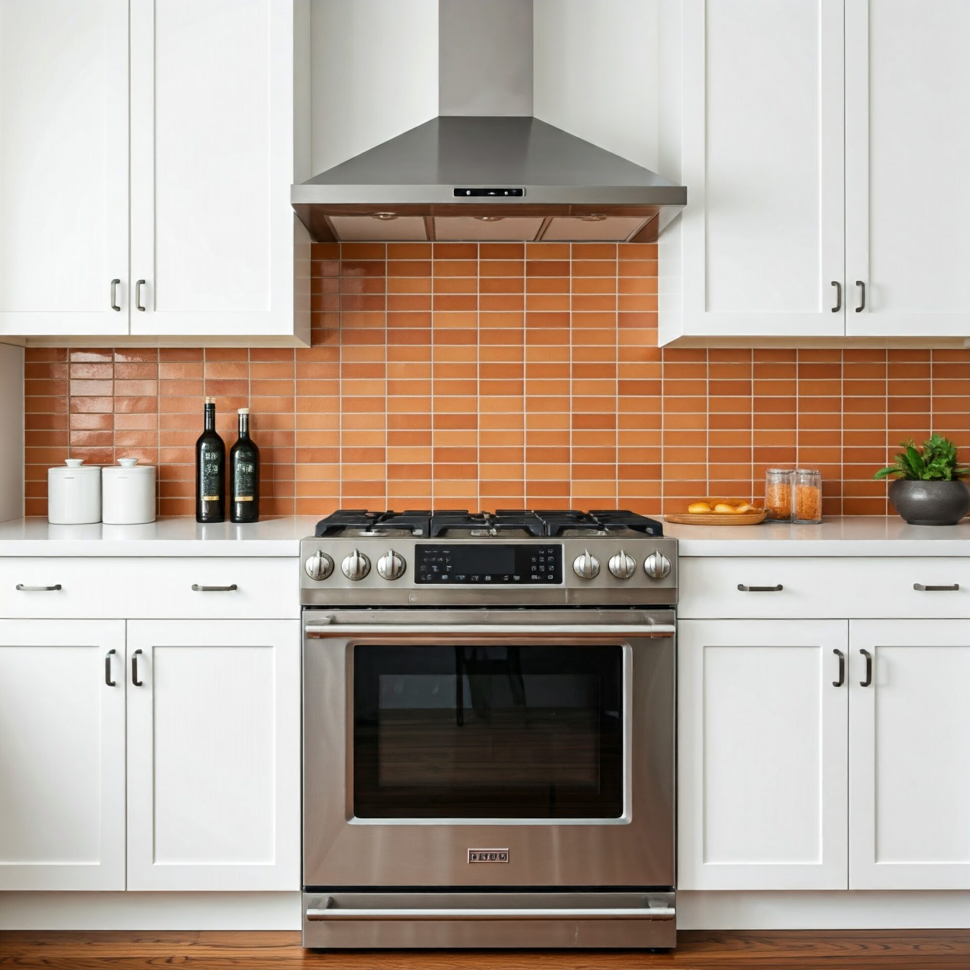 Stainless steel stove with oven, white cabinets, orange tile backsplash, and kitchen items on the counter.