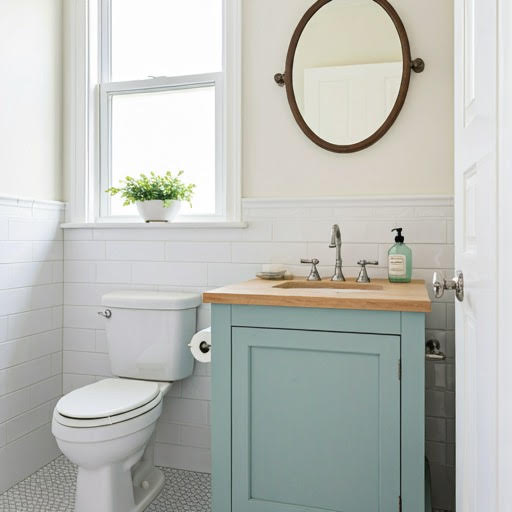 Small bathroom with a toilet, light blue vanity, round mirror, and a plant on the windowsill.