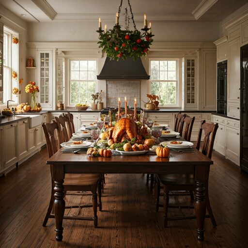 A festive dining table with roast turkey, candles, and autumn decor in a bright, elegant kitchen.