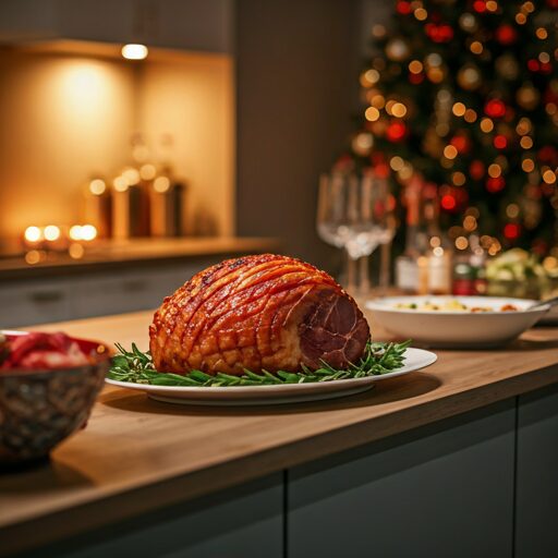 Glazed holiday ham on a table with festive decorations and blurred Christmas tree lights in the background.