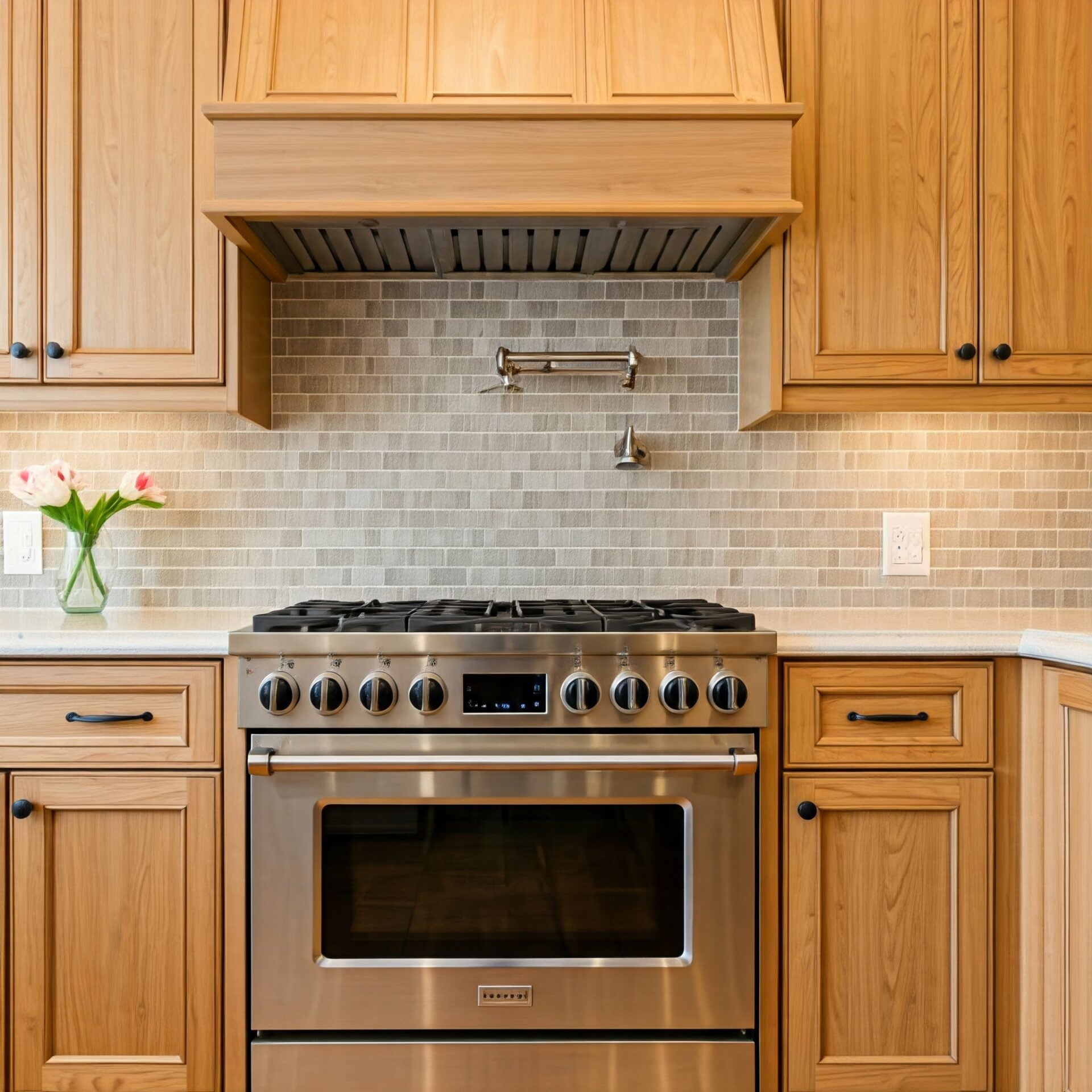 Stainless steel oven with wood cabinets, tile backsplash, and vase of tulips on the counter in a modern kitchen.
