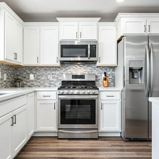 Modern kitchen with white cabinets, stainless steel appliances, tiled backsplash, and wood flooring.