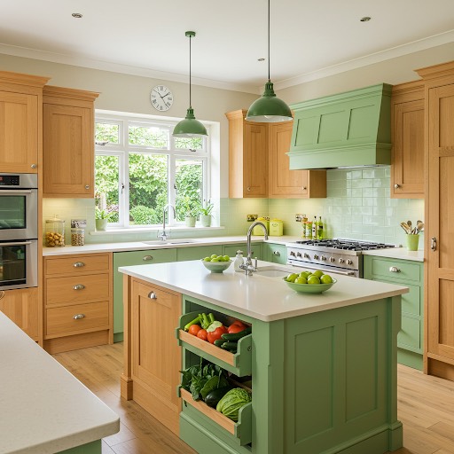 Bright kitchen with green and wood cabinets, island with open produce drawers, and large window letting in natural light.