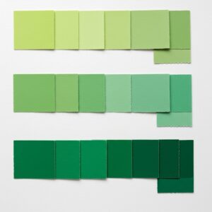 Three rows of green paint swatches arranged from light to dark shades on a white background.