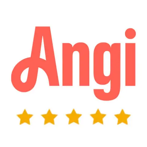 The Angi logo in red above five gold stars on a white background.