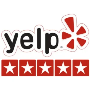 Yelp logo above five red stars, each with a white star in the center, indicating a five-star rating.