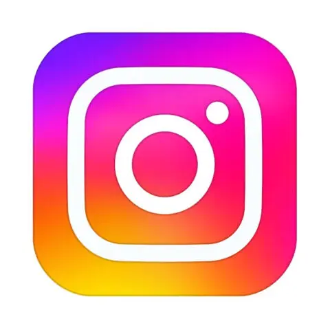 Instagram logo with a white camera icon on a pink, purple, and yellow gradient background.