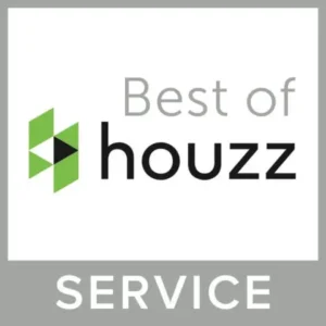 Best of Houzz Service award badge with green logo and bold black and gray text on a white and gray background.