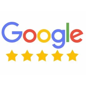 Google logo above five yellow stars, indicating a five-star rating on a white background.