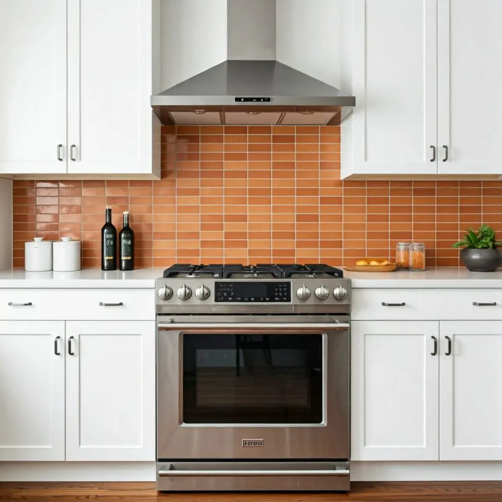 Modern kitchen with a stainless steel stove, orange tile backsplash, and white cabinets above and beside the stove.
