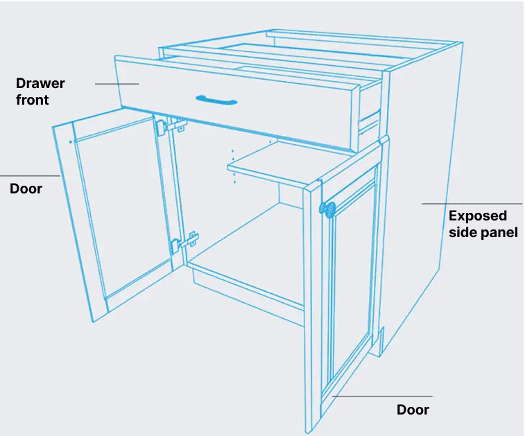 Line drawing of a cabinet labeled for a cabinet refresh—drawer front, doors, and exposed side panel all shown open.
