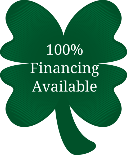 Green four-leaf clover with white text reading 100% Financing Available for your next cabinet refresh in the center.
