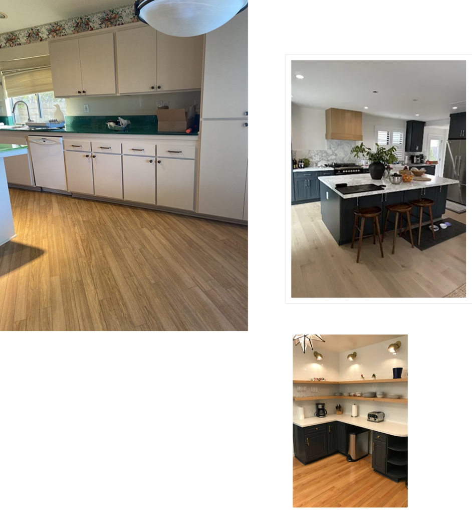 Collage showing an old kitchen with white cabinets and two modern kitchens with dark cabinets and wood floors.