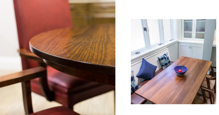 Close-up of a wooden table and chairs on the left; a wooden dining table with chairs and a bowl on the right.