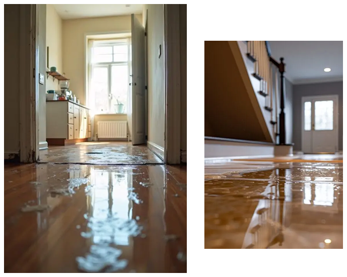 Water flooding on hardwood floors in a kitchen and hallway, reflecting light and causing a mess.