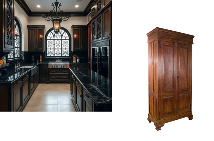 Elegant black kitchen with marble counters on the left; vintage wooden wardrobe on the right against a white background.