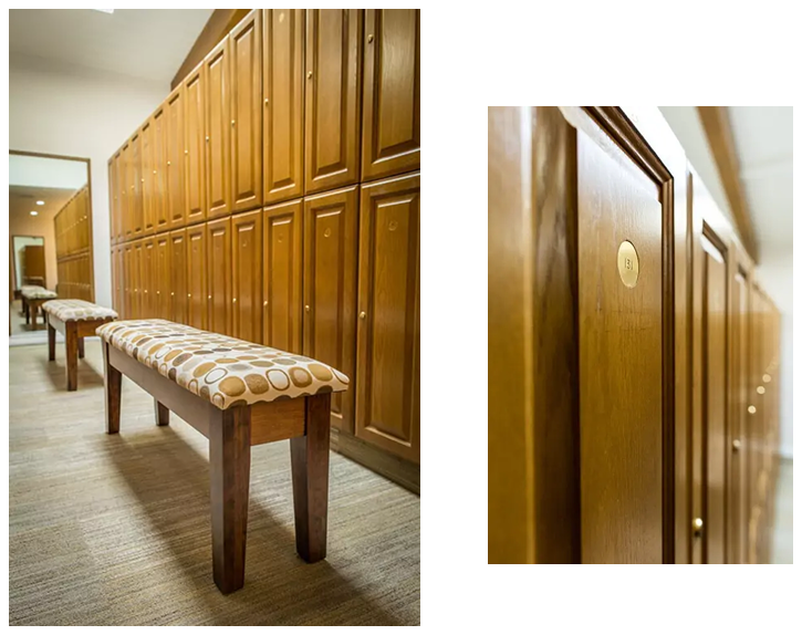Wooden lockers line a room with a cushioned bench in front; a close-up shows a numbered locker.