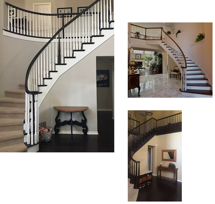 Collage of three homes with curved staircases, dark handrails, light steps, and decorative tables in the entryways.