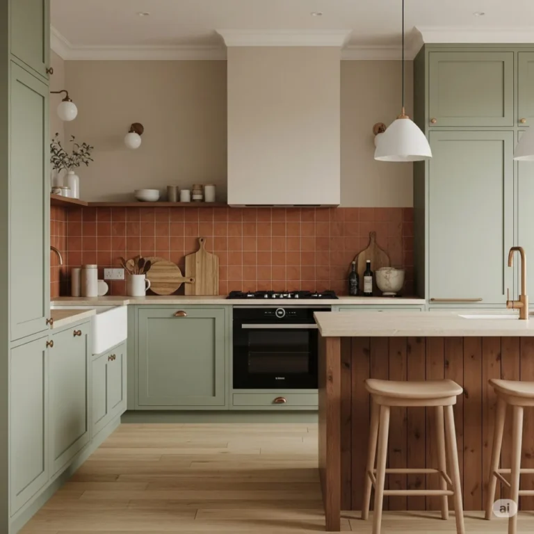 Modern kitchen with green cabinets, a terracotta backsplash, wood accents, and two stools at a wooden island.