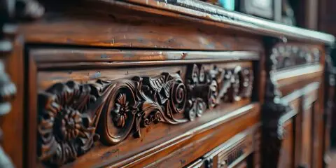 Close-up of an ornate wooden dresser with intricate floral carvings on its drawers.
