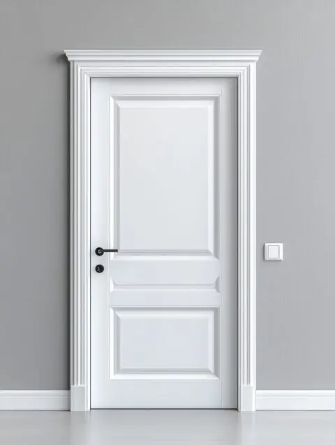 A closed white paneled door with decorative trim is set in a gray wall. There is a black handle and a light switch to the right of the door. The floor is light gray.