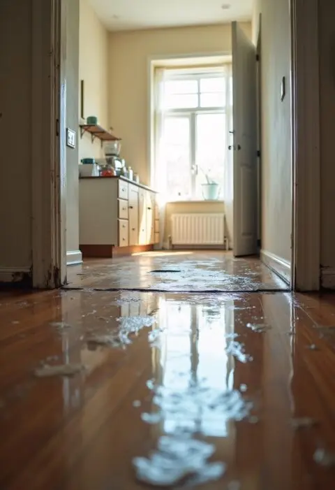 Water is spilled on a wooden hallway floor leading into a bright kitchen with sunlight streaming through a window.