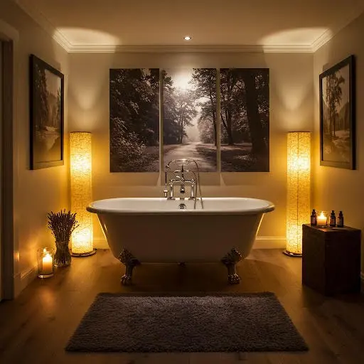 Elegant bathroom with a freestanding tub, warm lighting, and nature-themed art on the wall.