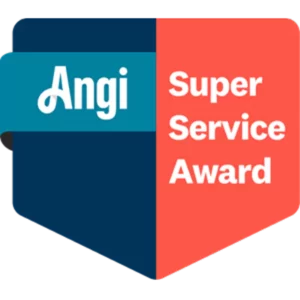 Angi Super Service Award badge with blue and coral color blocks and white text.