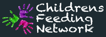 Logo with Childrens Feeding Network in white chalk-like font, three colorful handprints refreshing the dark background.