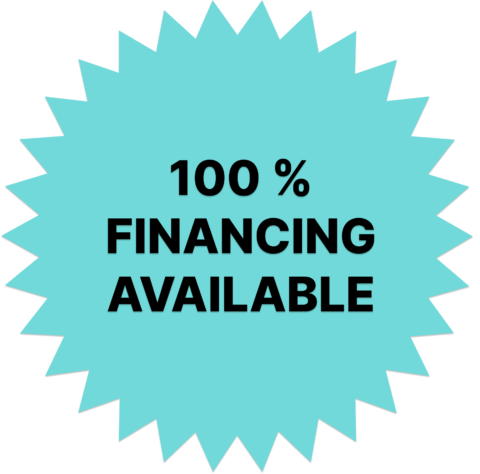 A blue starburst shape with the text 100% FINANCING AVAILABLE in bold black letters in the center.