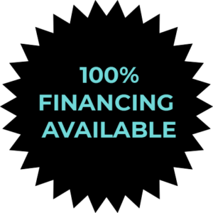 Light blue text on a black background reads 100% FINANCING AVAILABLE.