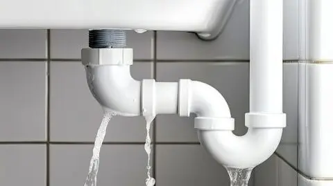 Water leaking from a white plastic sink pipe with tiled wall background.