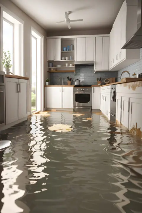 A modern kitchen is flooded with water covering the floor and reflecting the cabinets and appliances.