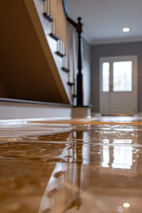 Water pooling on a shiny hallway floor with stairs and a front door visible in the background.