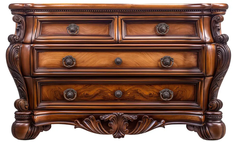 Ornate wooden dresser with three drawers, decorative carvings, and vintage-style metal handles.