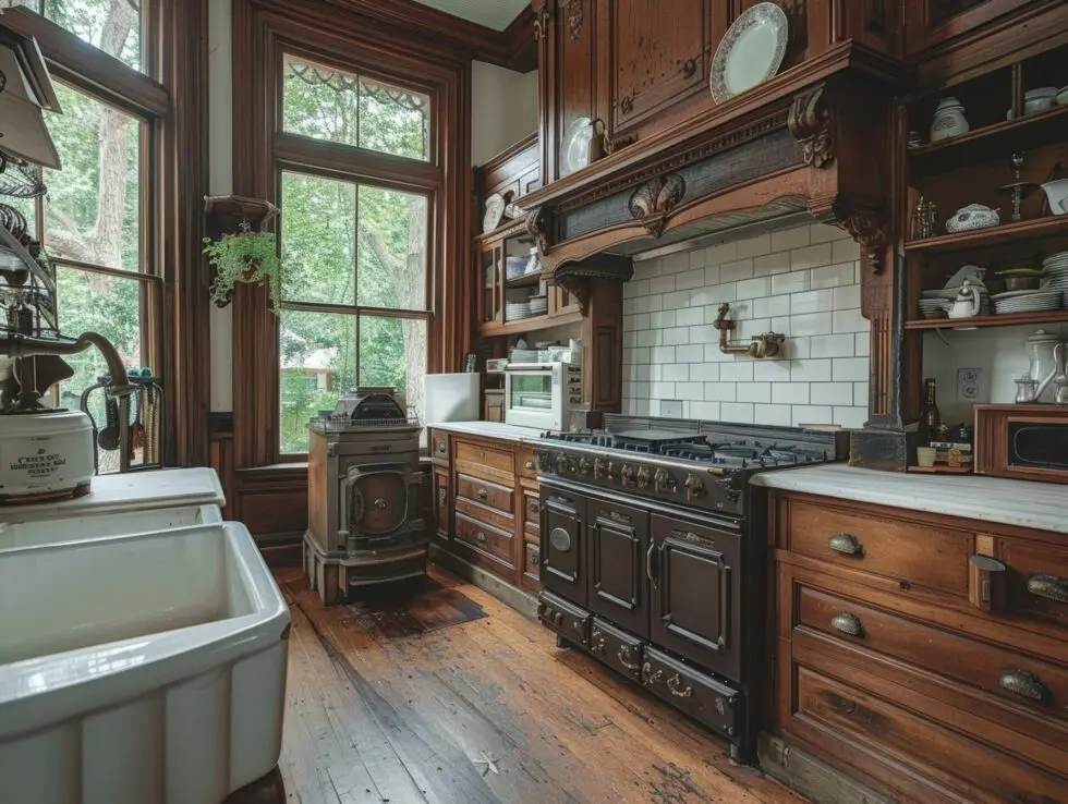 A vintage kitchen with wooden cabinets, a large black stove, white tile backsplash, and big windows with a leafy view.