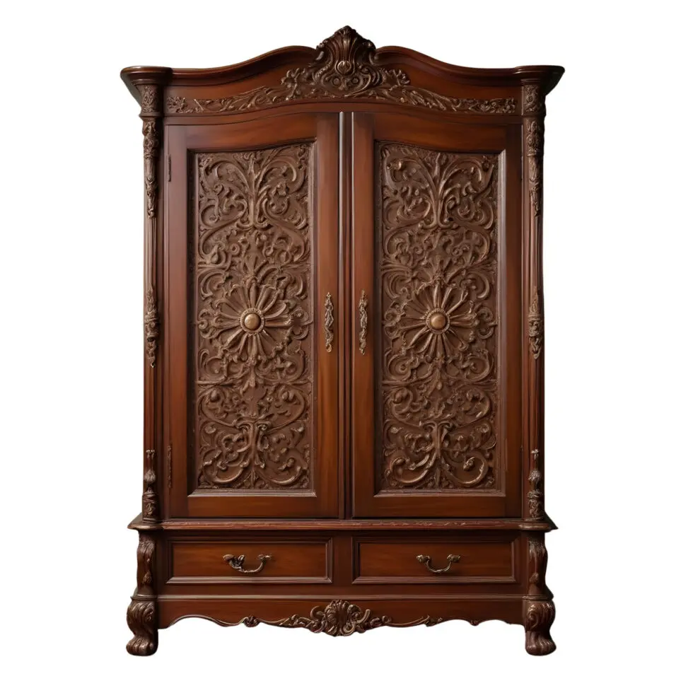 Ornate wooden armoire with intricate carved floral designs and two drawers at the bottom.