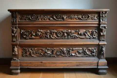 An ornate wooden chest of drawers with intricate carvings, standing on a wooden floor against a light wall.