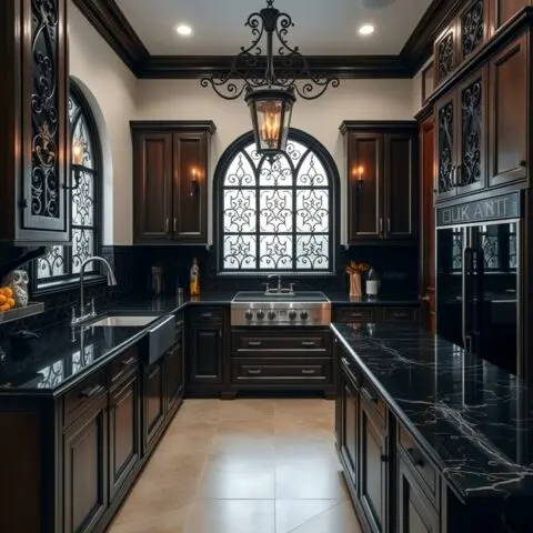 Elegant kitchen with dark wood cabinets, black marble countertops, and arched windows with ornate wrought iron designs.