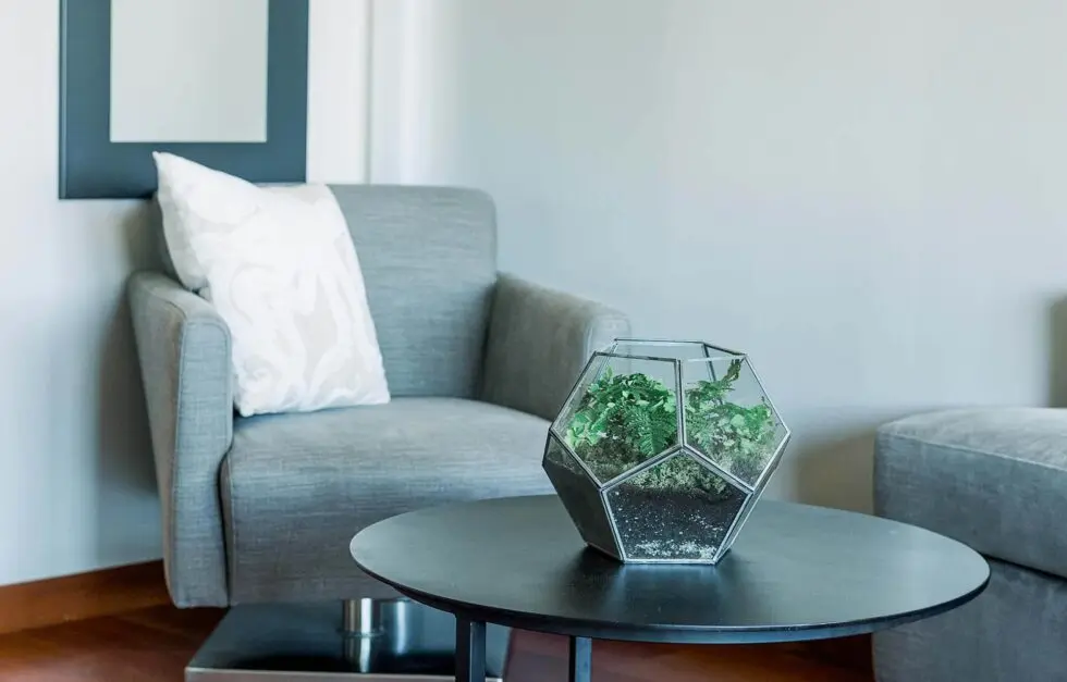 A modern living room with a gray armchair, a pillow, and a glass terrarium on a round black table.