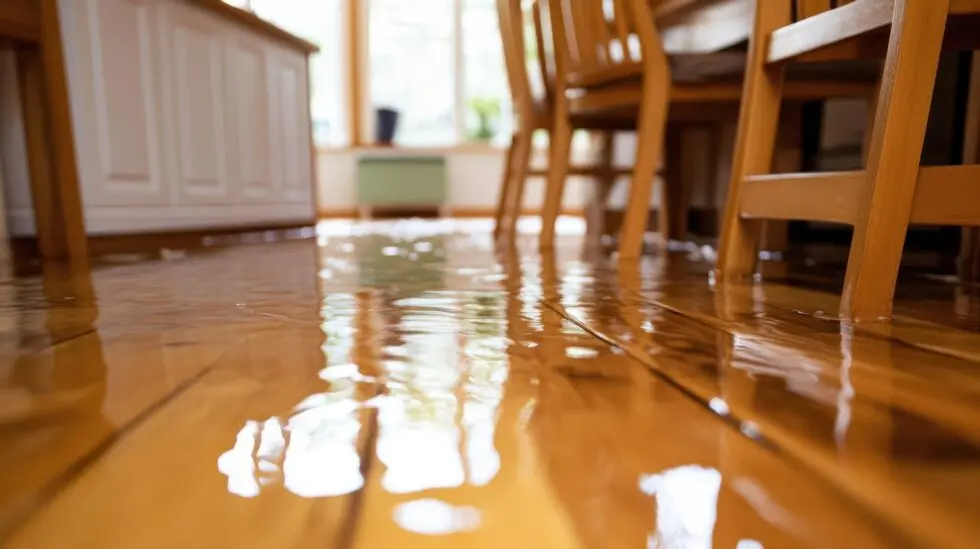Water covers a wooden kitchen floor, reflecting light and nearby chairs, suggesting indoor flooding.