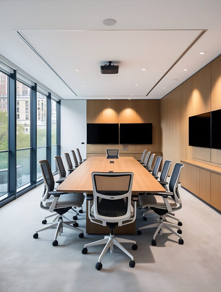 Modern conference room with a long table, office chairs, large windows, and refinished wall-mounted screens.
