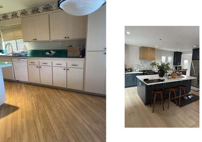 Side-by-side photos show a dated kitchen with beige cabinets and green countertops on the left, and a modern kitchen with navy cabinets, light countertops, and an island with stools on the right.