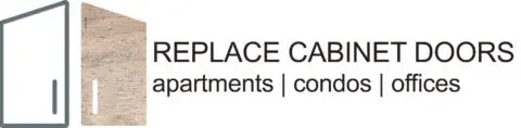 Logo with an open cabinet door icon and text: REPLACE CABINET DOORS apartments | condos | offices.