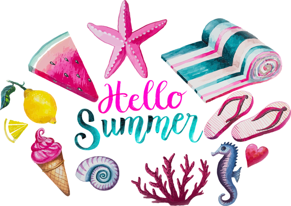 Watercolor summer items: watermelon, starfish, and more bring a refreshing Los Angeles vibe with “Hello Summer” text.