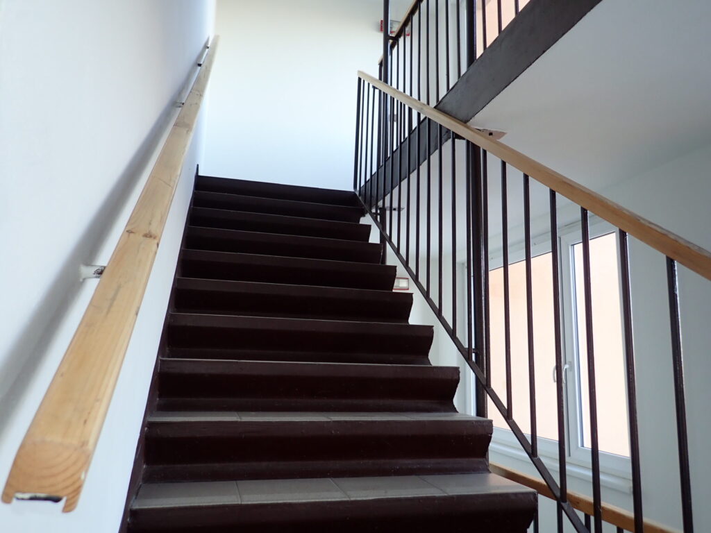 Apartment stairwell with dark wooden steps, black metal handrails, and daylight pouring through a side window at the landing.