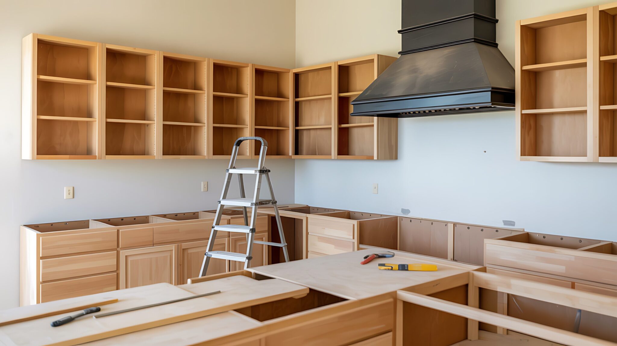Unfinished kitchen with wood cabinets, open shelving, a black range hood, and a step ladder in the center.