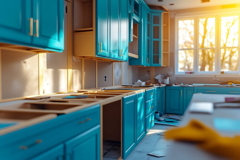 Kitchen under renovation with teal cabinets, no countertops, and sunlight coming through large windows.
