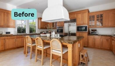 Before cabinet refacing kitchen with honey oak cabinets and traditional layout
